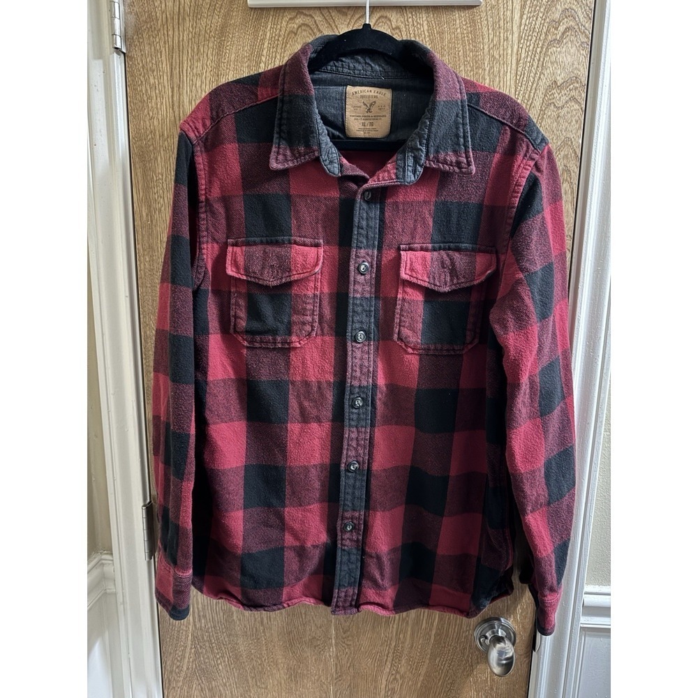 American Eagle Men's Flannel Button Up Shirt Long Sleeve Plaid Red Black XL